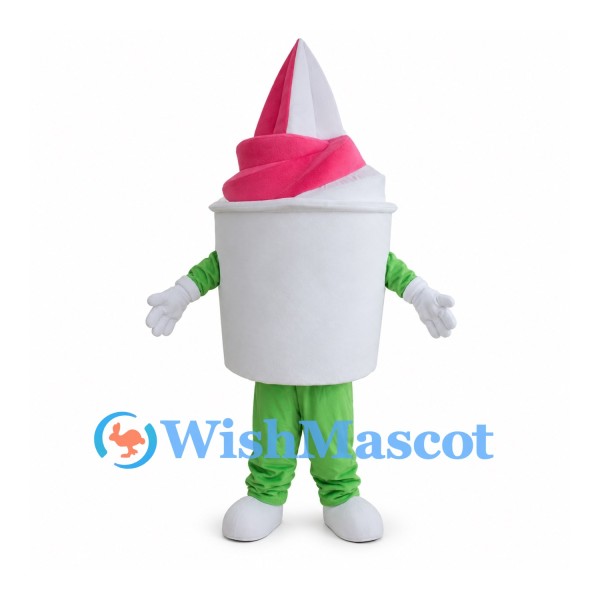 Ice Cream Cup Mascot Costume with Pink Soft Serve and Green Pants
