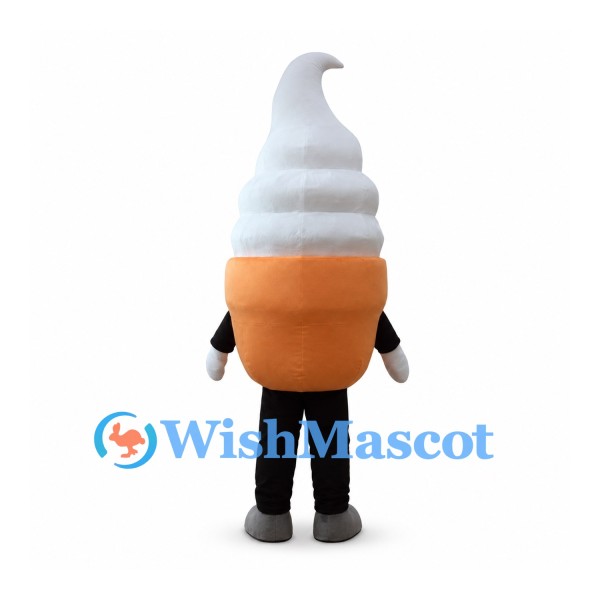 Ice Cream Cone Mascot Costume with White Soft Serve and Smiling Orange Cone