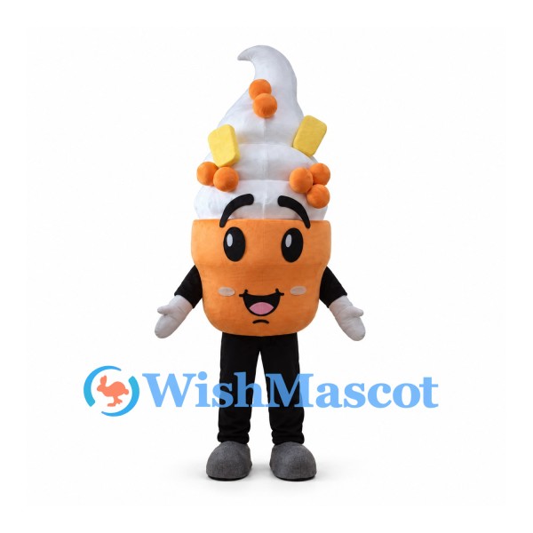Ice Cream Cone Mascot Costume with White Soft Serve and Smiling Orange Cone
