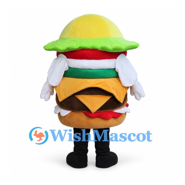 Cheeseburger Mascot Costume with Layered Fillings and Yellow Cap