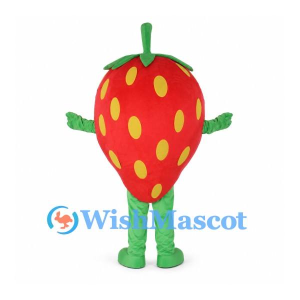 Strawberry Mascot Costume in Red with Yellow Seeds and Green Limbs