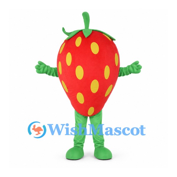 Strawberry Mascot Costume in Red with Yellow Seeds and Green Limbs