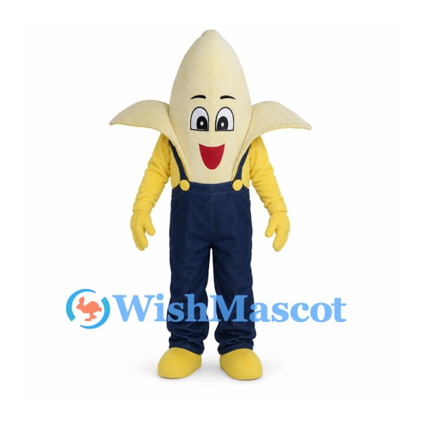 Banana Mascot Costume with Peeled Top and Blue Overalls