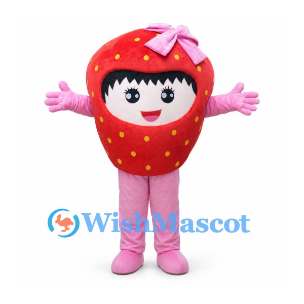 Strawberry Girl Mascot Costume with Red Fruit Body and Pink Bow