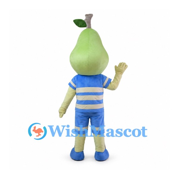 Pear Mascot Costume with Blue Striped Shirt and Shorts