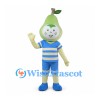 Pear Mascot Costume with Blue Striped Shirt and Shorts