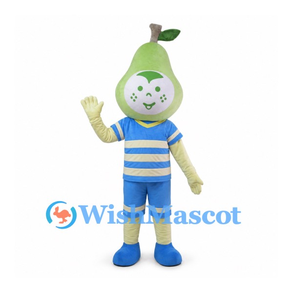 Pear Mascot Costume with Blue Striped Shirt and Shorts