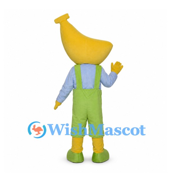 Banana Mascot Costume with Green Overalls and Blue Shirt