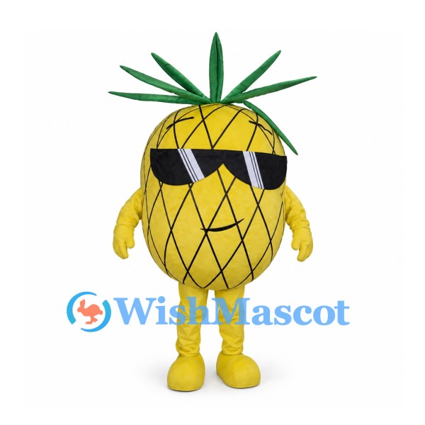 Pineapple Mascot Costume with Green Leaf Crown and Black Sunglasses