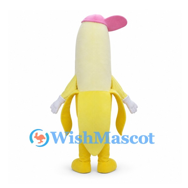 Banana Mascot Costume with Pink Cap and Peeled Yellow Skin