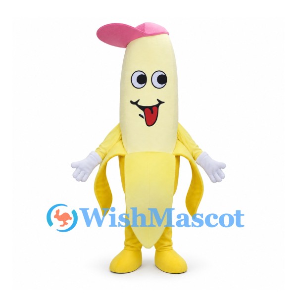 Banana Mascot Costume with Pink Cap and Peeled Yellow Skin