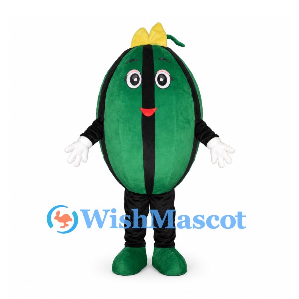 Watermelon Mascot Costume with Green Stripes and Yellow Bow