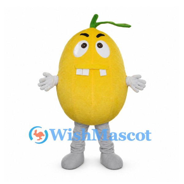 Pear Mascot Costume in Yellow with Green Leaf and Gray Legs