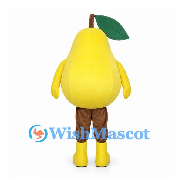 Pear Mascot Costume in Yellow with Large Green Leaf and Brown Pants
