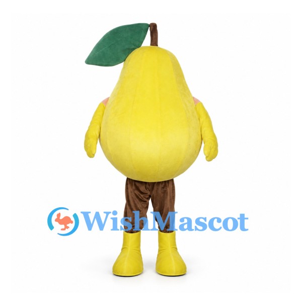 Pear Mascot Costume in Yellow with Large Green Leaf and Brown Pants