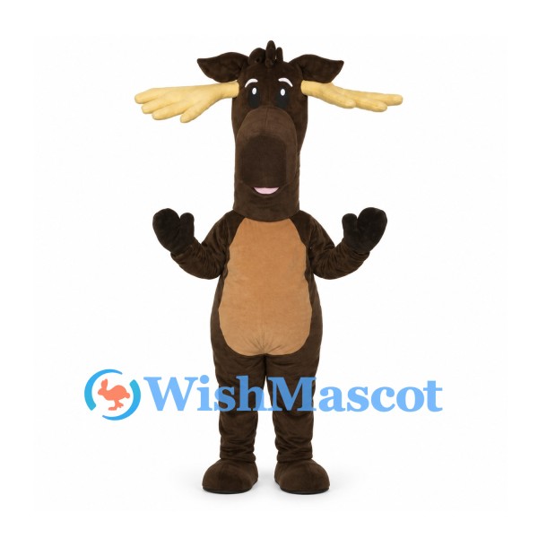 Moose Mascot Costume in Dark Brown with Tan Belly and Wide Antlers