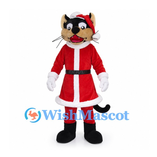 Christmas Cat Mascot Costume with Red Santa Coat and Hat