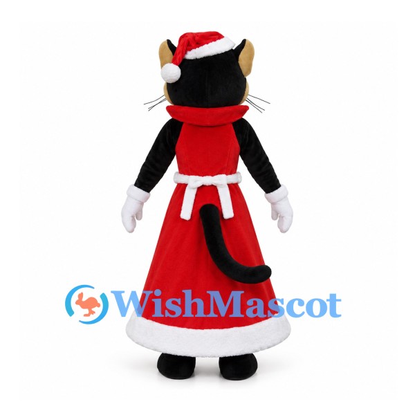 Christmas Cat Mascot Costume with Red Dress White Apron and Santa Hat