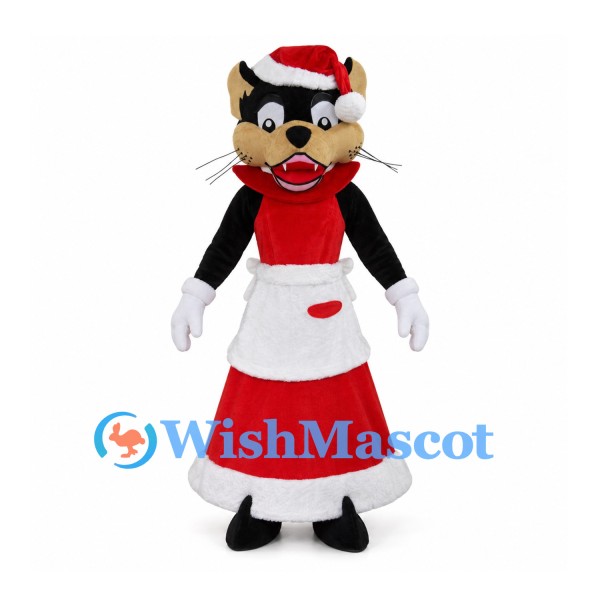 Christmas Cat Mascot Costume with Red Dress White Apron and Santa Hat
