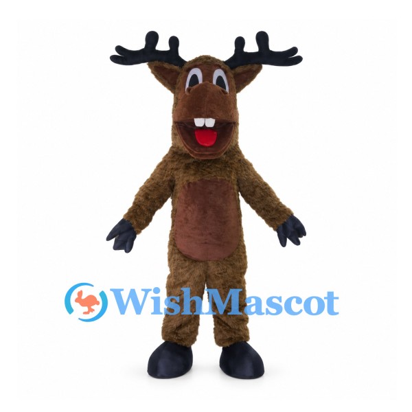 Reindeer Mascot Costume in Brown with Dark Antlers and Belly