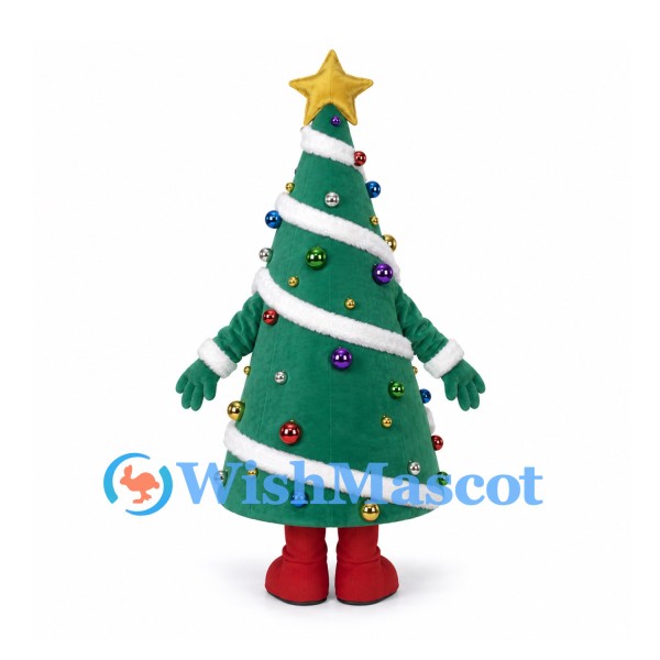Christmas Tree Mascot Costume with Star Top White Garland and Ornaments