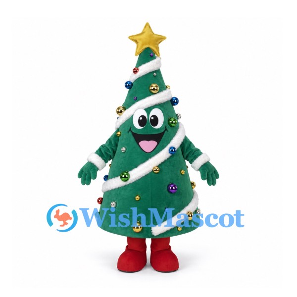 Christmas Tree Mascot Costume with Star Top White Garland and Ornaments