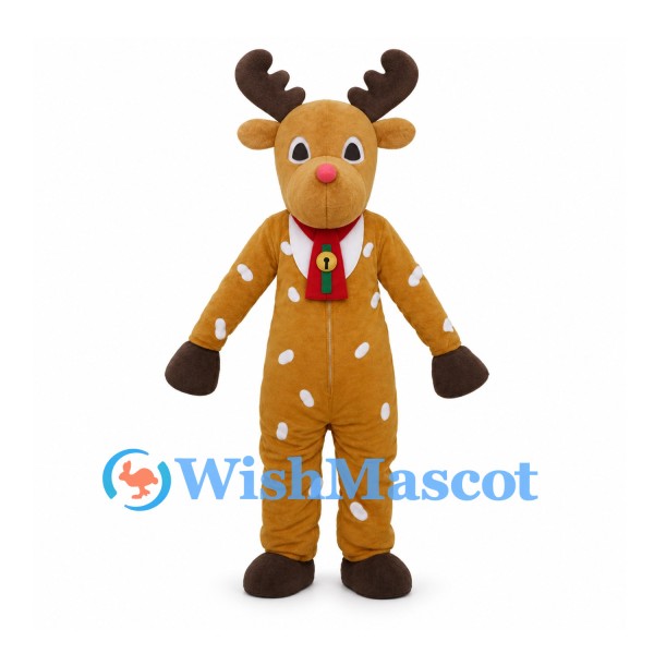 Reindeer Mascot Costume with Red Neck Tie and White Body Spots