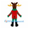 Christmas Moose Mascot Costume with Red Coat Green Scarf and Gold Antlers