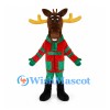 Christmas Moose Mascot Costume with Red Coat Green Scarf and Gold Antlers