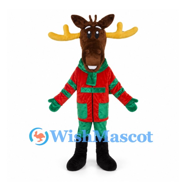 Christmas Moose Mascot Costume with Red Coat Green Scarf and Gold Antlers