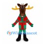 Christmas Moose Mascot Costume with Red Coat Green Scarf and Gold Antlers