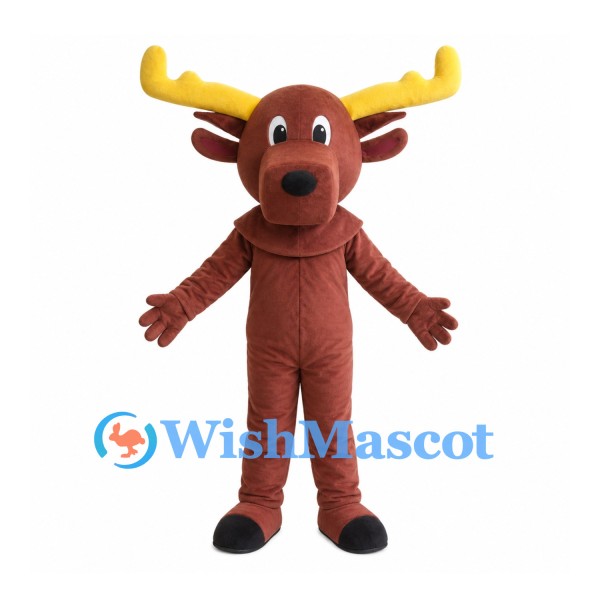 Moose Mascot Costume in Reddish Brown with Yellow Antlers