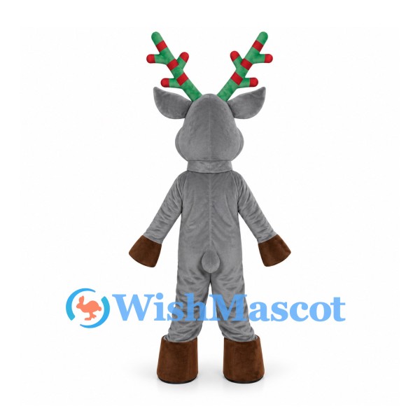 Reindeer Mascot Costume in Gray with Purple Muzzle and Striped Antlers