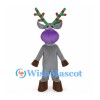 Reindeer Mascot Costume in Gray with Purple Muzzle and Striped Antlers
