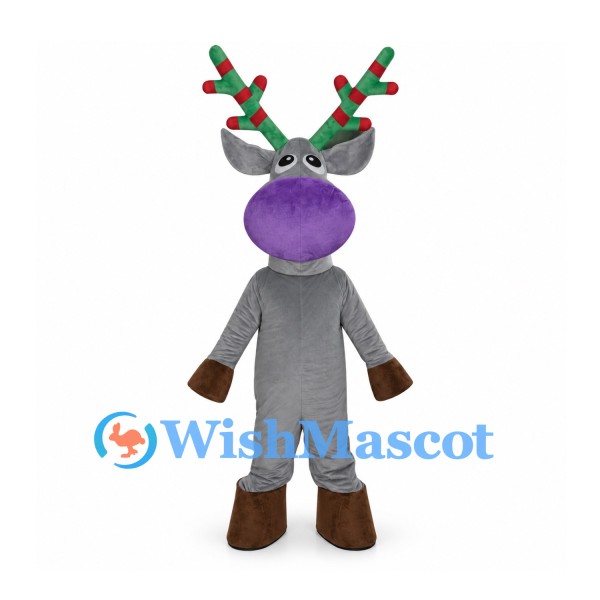Reindeer Mascot Costume in Gray with Purple Muzzle and Striped Antlers