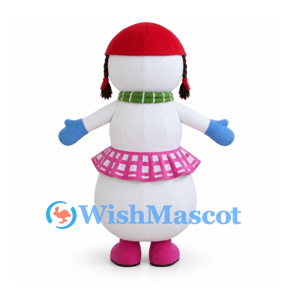 Snowgirl Mascot Costume with Pink Skirt and Red Winter Hat