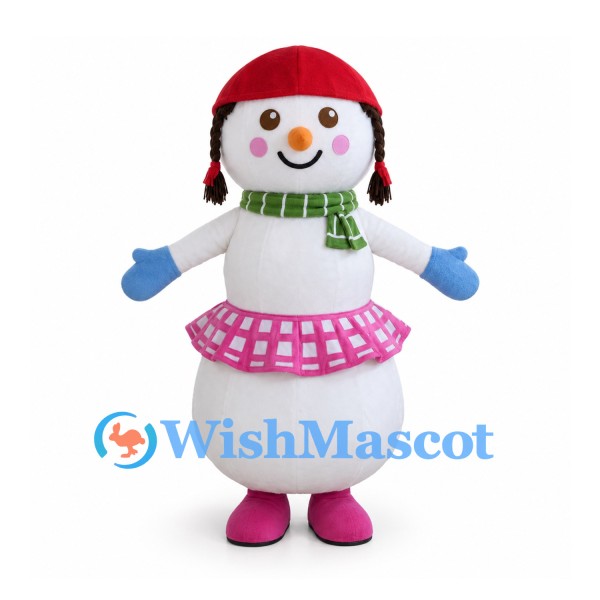Snowgirl Mascot Costume with Pink Skirt and Red Winter Hat