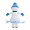 Snowman Mascot Costume with Blue Striped Beanie and Green Scarf