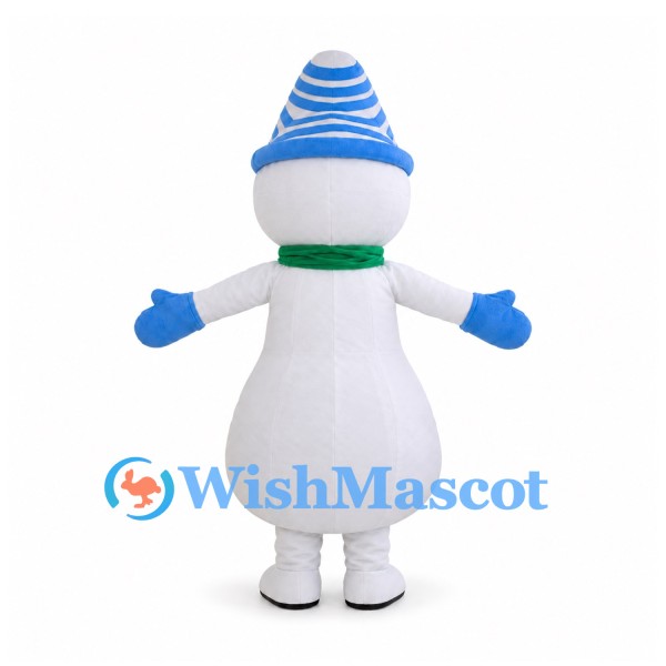 Snowman Mascot Costume with Blue Striped Beanie and Green Scarf