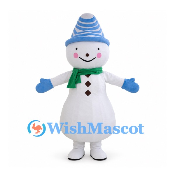 Snowman Mascot Costume with Blue Striped Beanie and Green Scarf