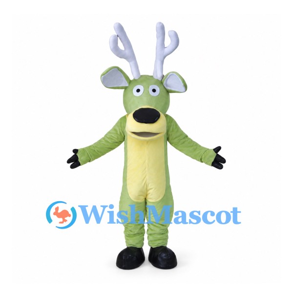 Reindeer Mascot Costume in Green with White Antlers