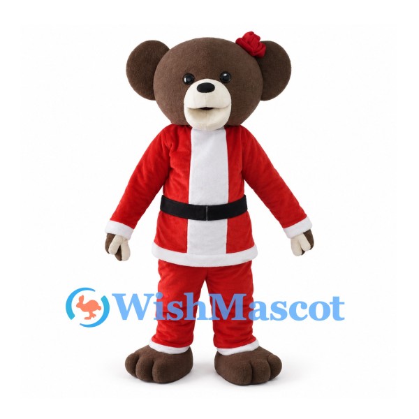 Christmas Bear Mascot Costume with Red Santa Suit and Hair Bow