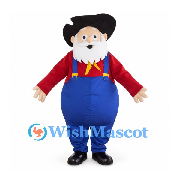Cowboy Mascot Costume with Black Hat White Beard and Blue Pants