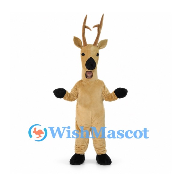 Deer Mascot Costume in Tan with Tall Antlers and Black Hooves