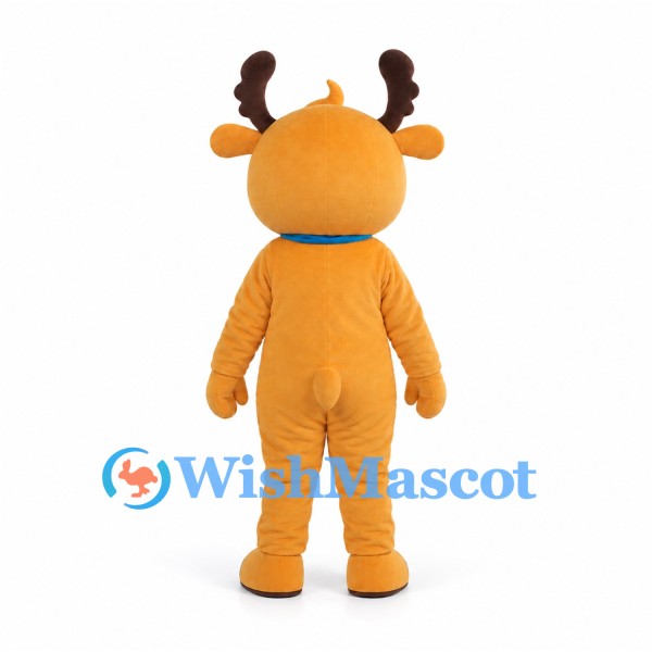 Reindeer Mascot Costume in Orange with Blue Scarf and White Belly