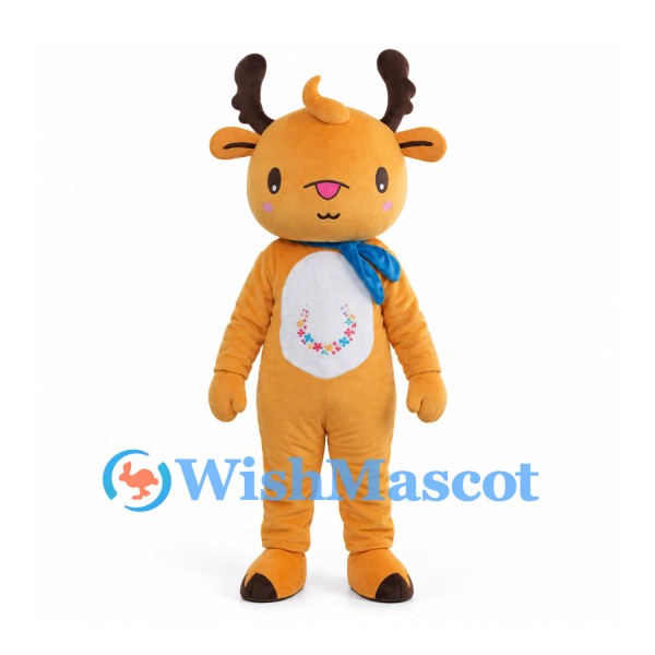 Reindeer Mascot Costume in Orange with Blue Scarf and White Belly
