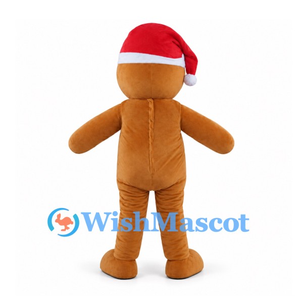 Gingerbread Man Mascot Costume with Santa Hat and Red Vest