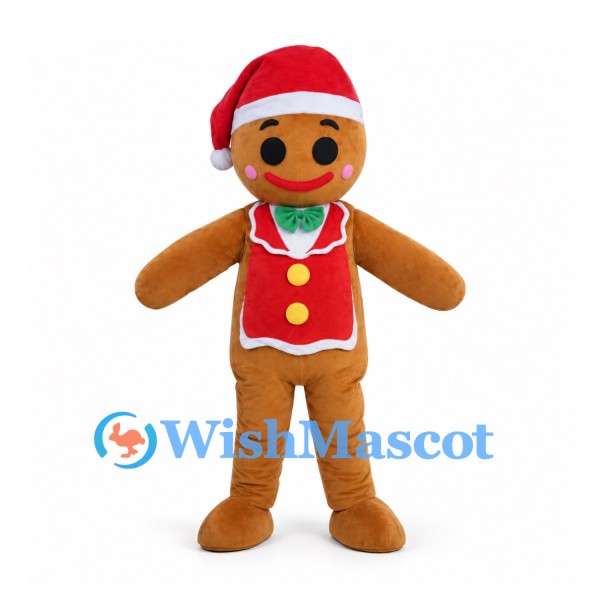 Gingerbread Man Mascot Costume with Santa Hat and Red Vest