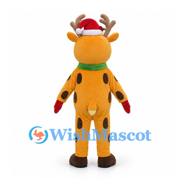 Reindeer Mascot Costume with Santa Hat and Colorful Bow Tie