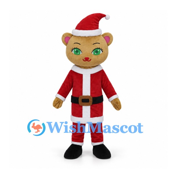 Bear Mascot Costume with Red Santa Suit and Black Boots